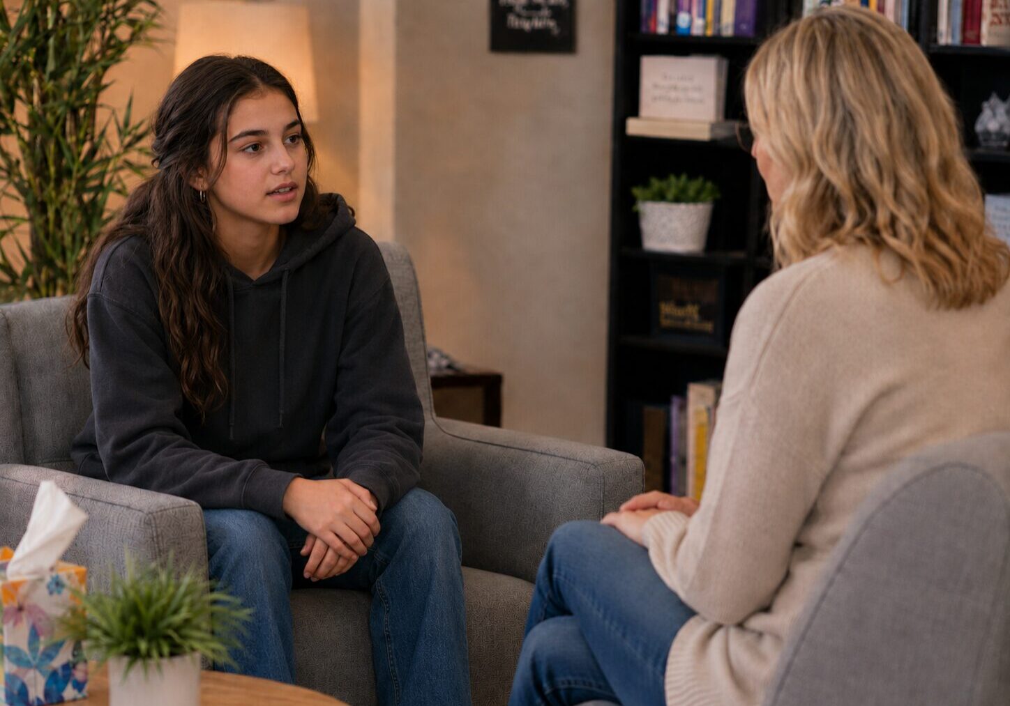 female teen in therapy